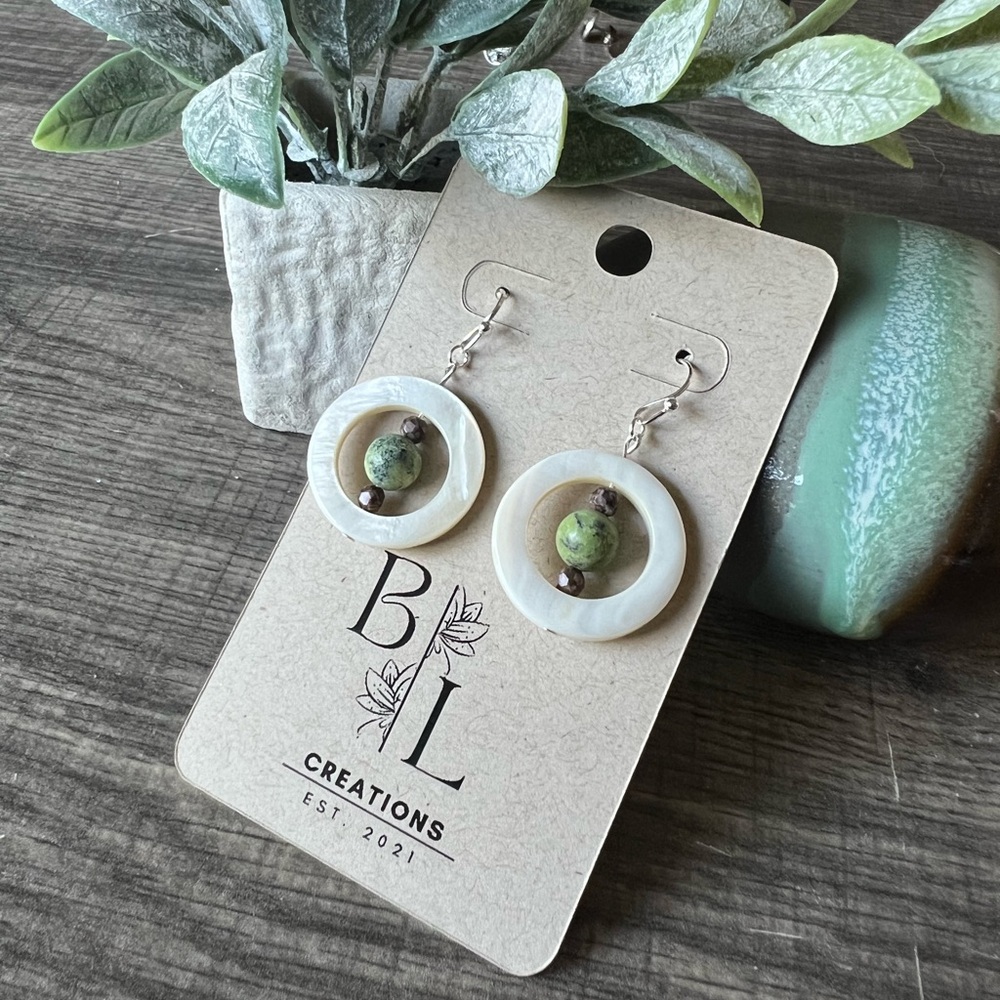 Green and White Dangle Earrings